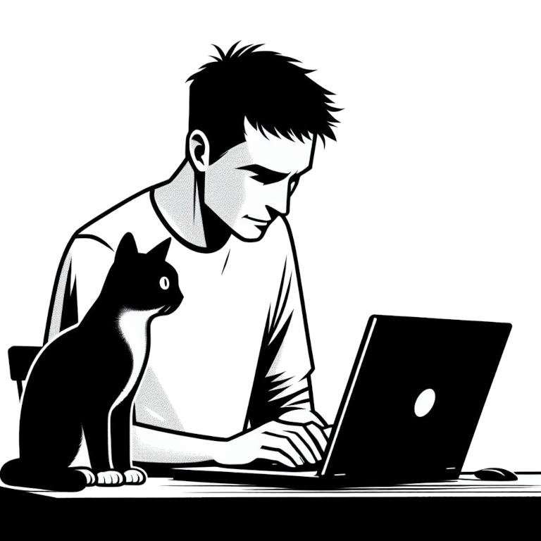 cartoon representation of a young man infront of a laptop with a cat sitting by his side
